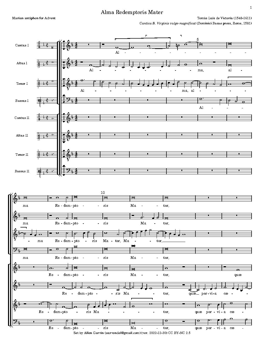 Alma Redemptoris Mater a 8 (For the 5 voice setting, click here.)