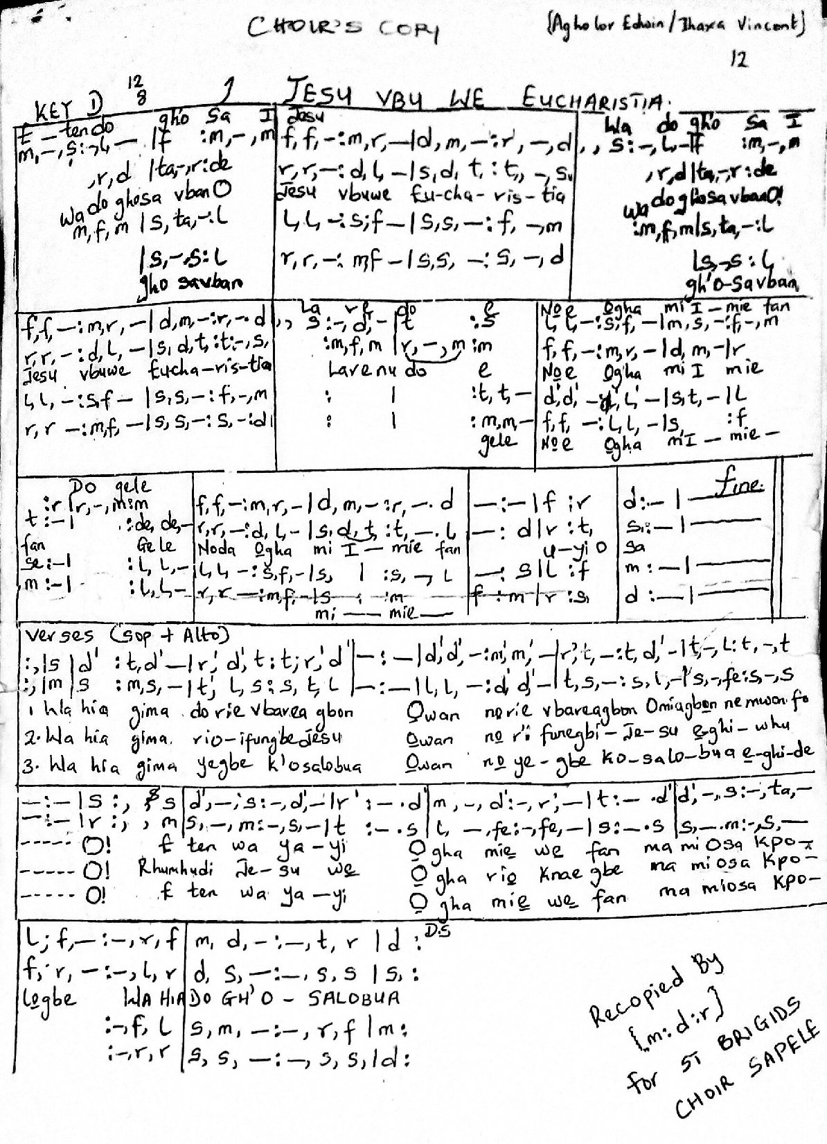 Ijesu Vbu We Eucharistia - Download Choir Script PDF