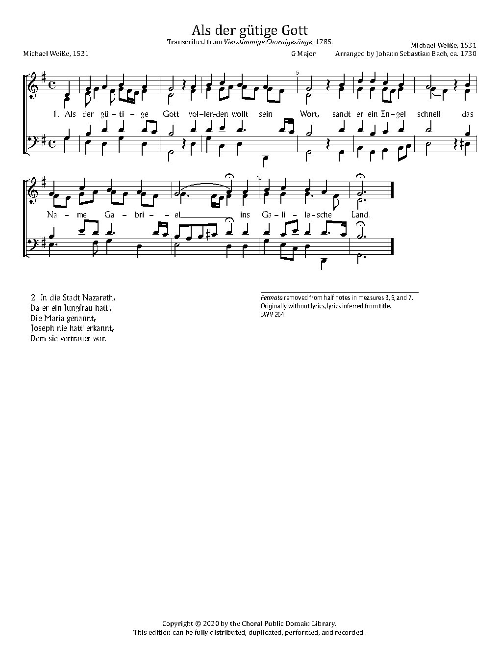 Als der gütige Gott, BWV 264