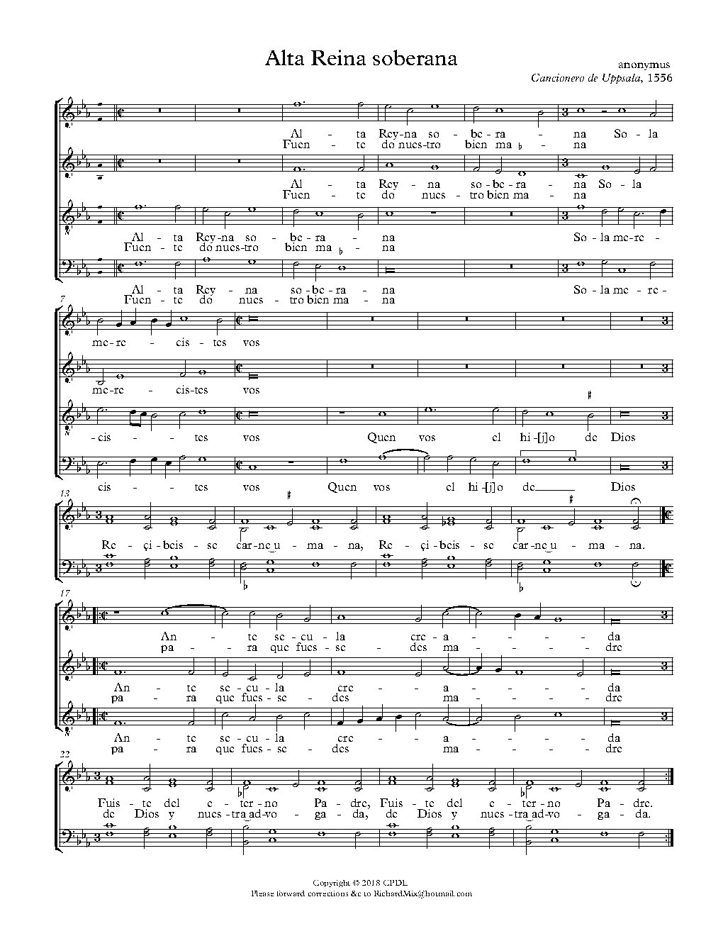 Alta Reyna soberana - Choir Script PDF Thumbnail