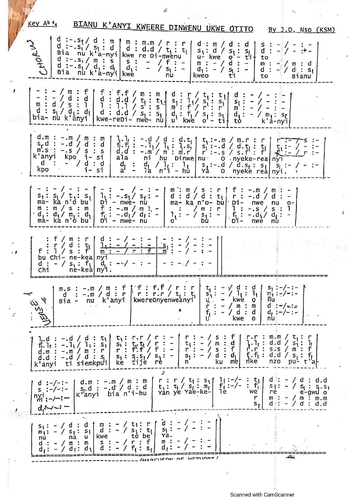 Bianu K Anyi Kweere Dinwenu Ukwe Otito ~ J.o Nso (ksm) - Download Choir Script PDF