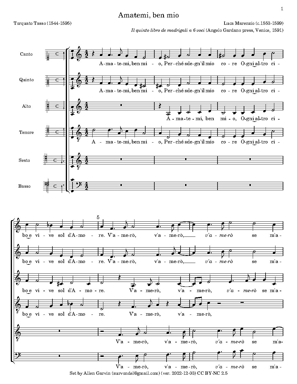 Amatemi ben mio 6vv - Choir Script PDF Thumbnail