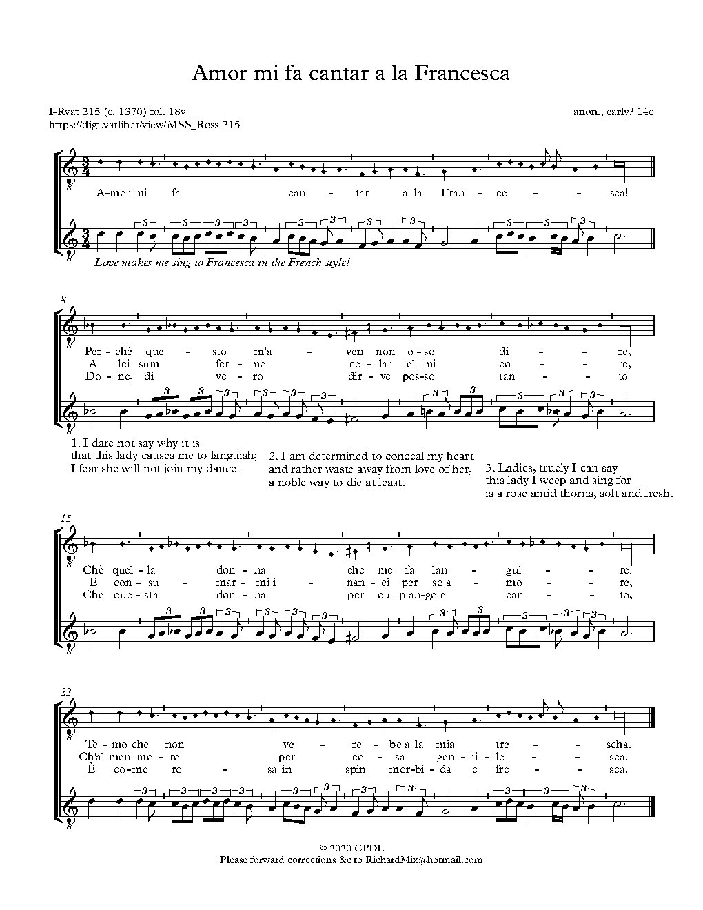 Amor mi fa cantar a la Francesca