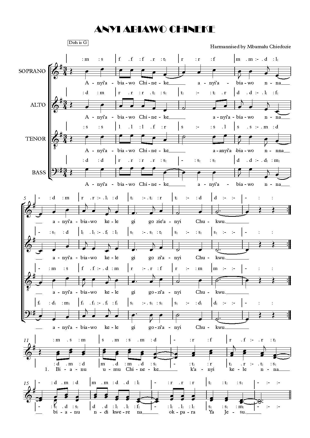 Anyi Abiawo Chineke - Full Score - Download Choir Script PDF