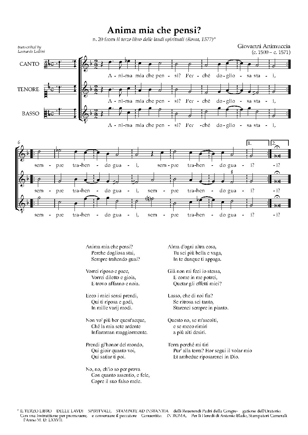Anima mia che pensi - Choir Script PDF Thumbnail