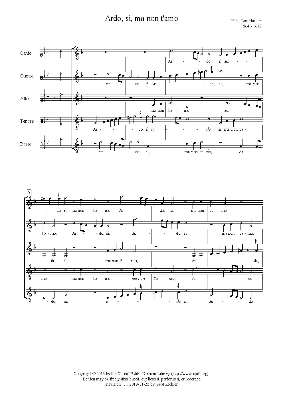 Ardo, sì, ma non t'amo - Ardi e gela à tua voglia - Choir Script PDF Thumbnail
