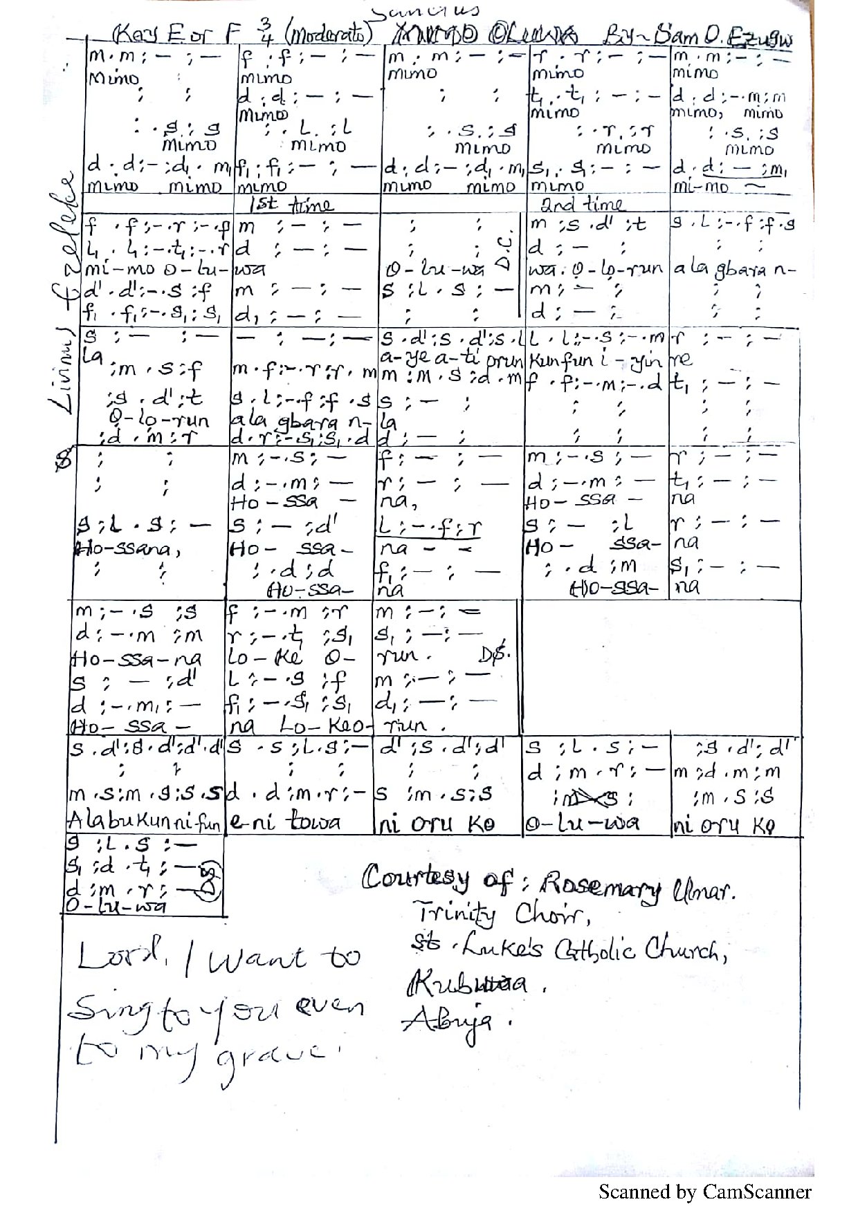Mimo Oluwa (yoruba Sanctus) ~ Sam Ezugwu - Download Choir Script PDF