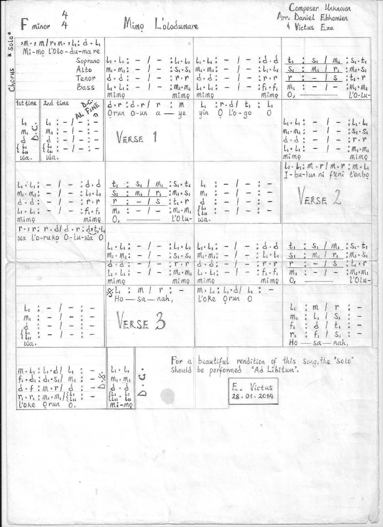 Mimo L Olodumare - Ebhomien - Download Choir Script PDF