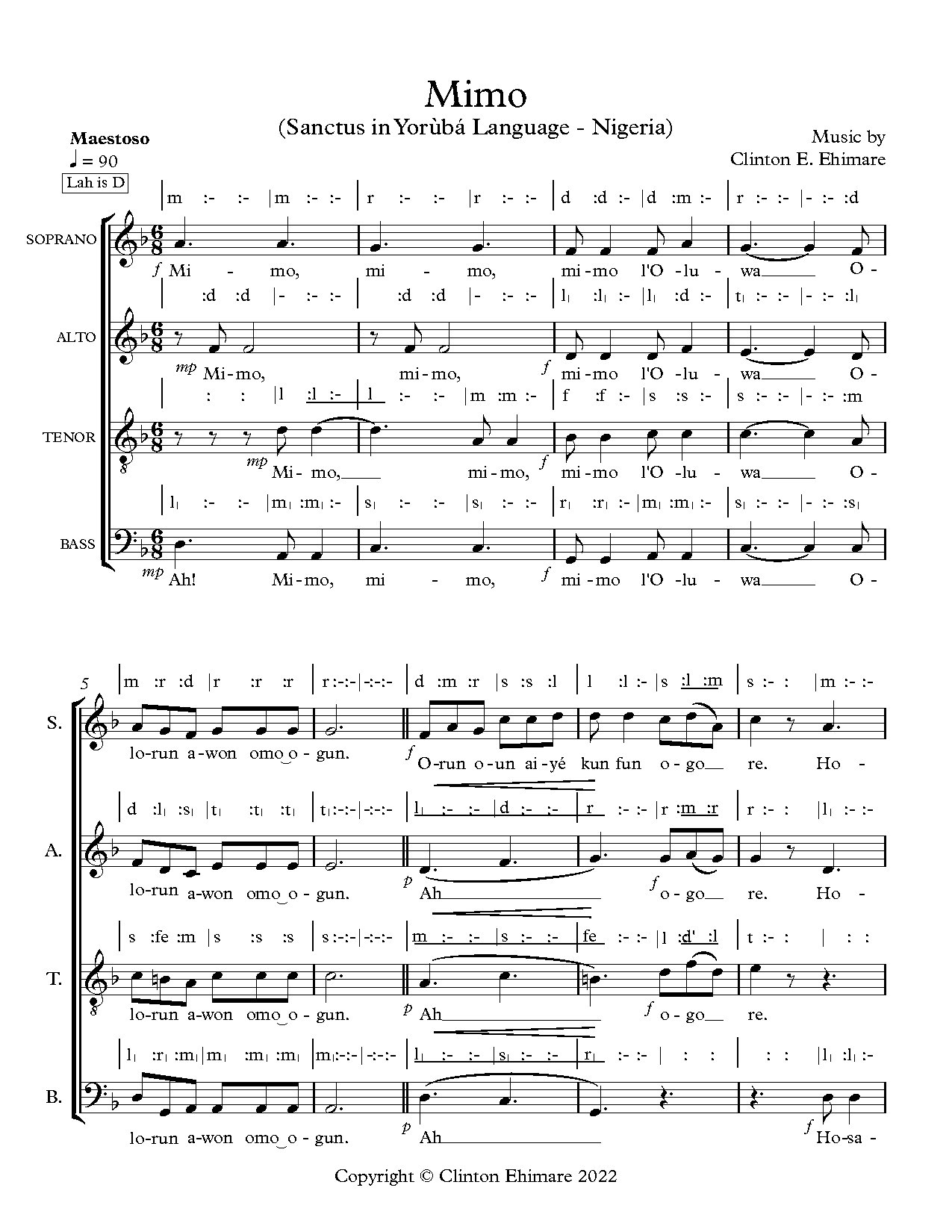 Mimo (sanctus In Yorùbá Language - Nigeria) - Clinton Ehimare - Download Choir Script PDF