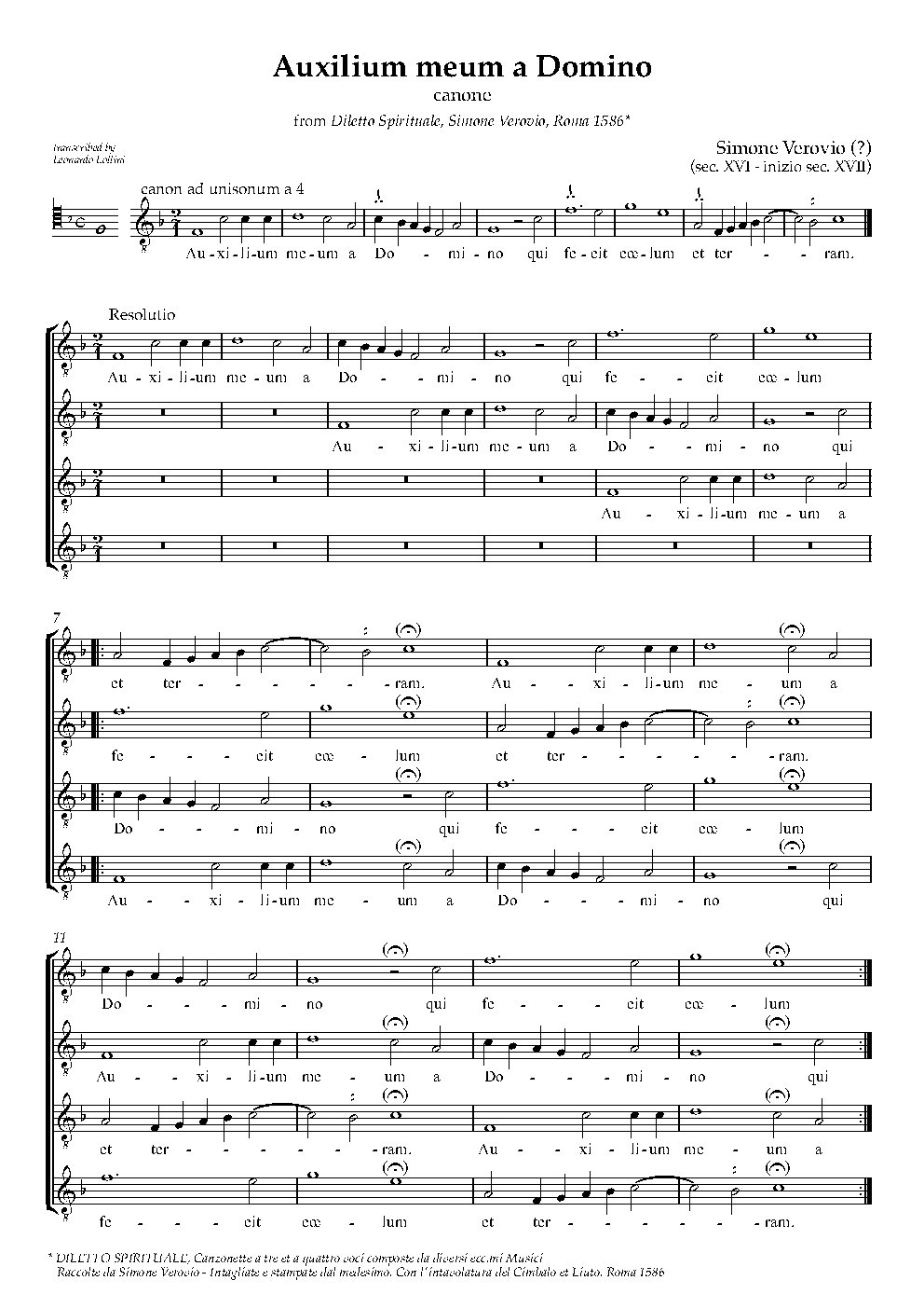 Auxillum meum a Dominum, Canon à 4 ad unisonum