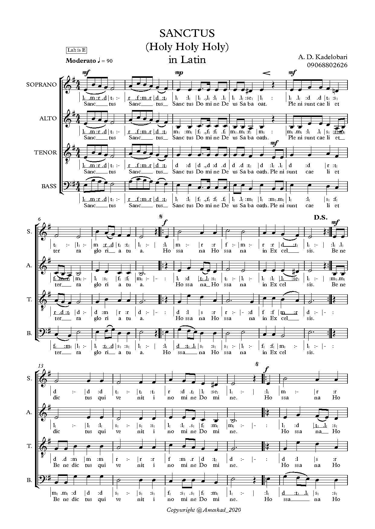 Sanctus By A. D. Kadelobari- Full Score - Download Choir Script PDF