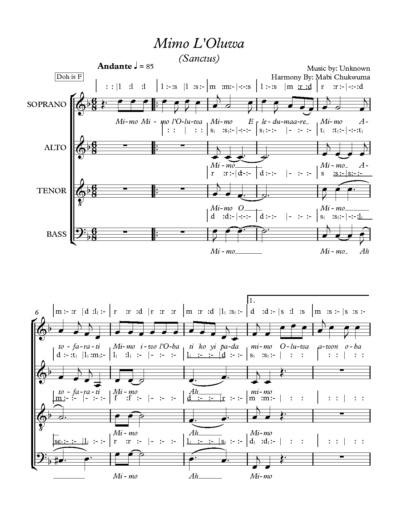Mimi Mimo L Oluwa - Full Score - Download Choir Script PDF