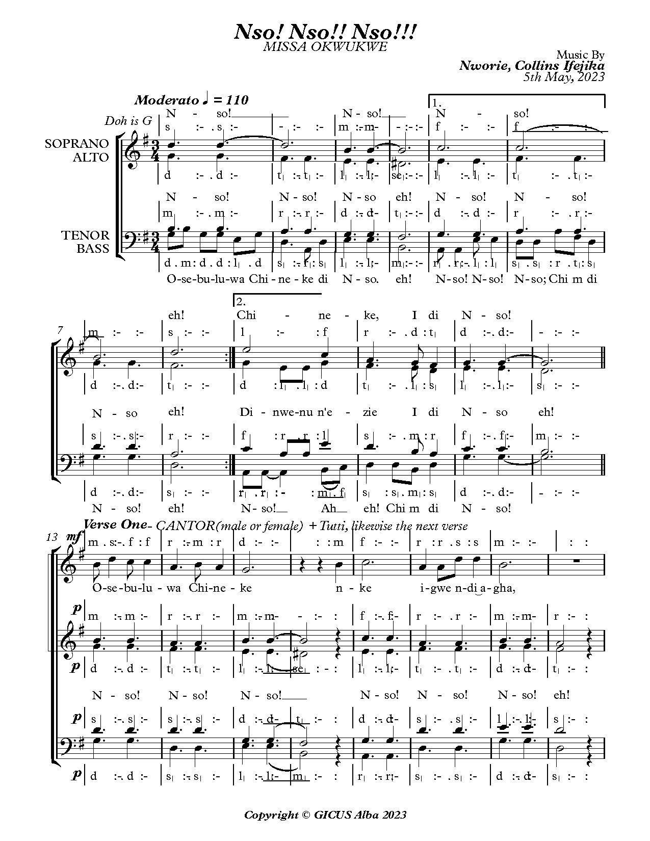 Nso! Nso!! Nso!!!(missa Okwukwe) - Full Score - Download Choir Script PDF