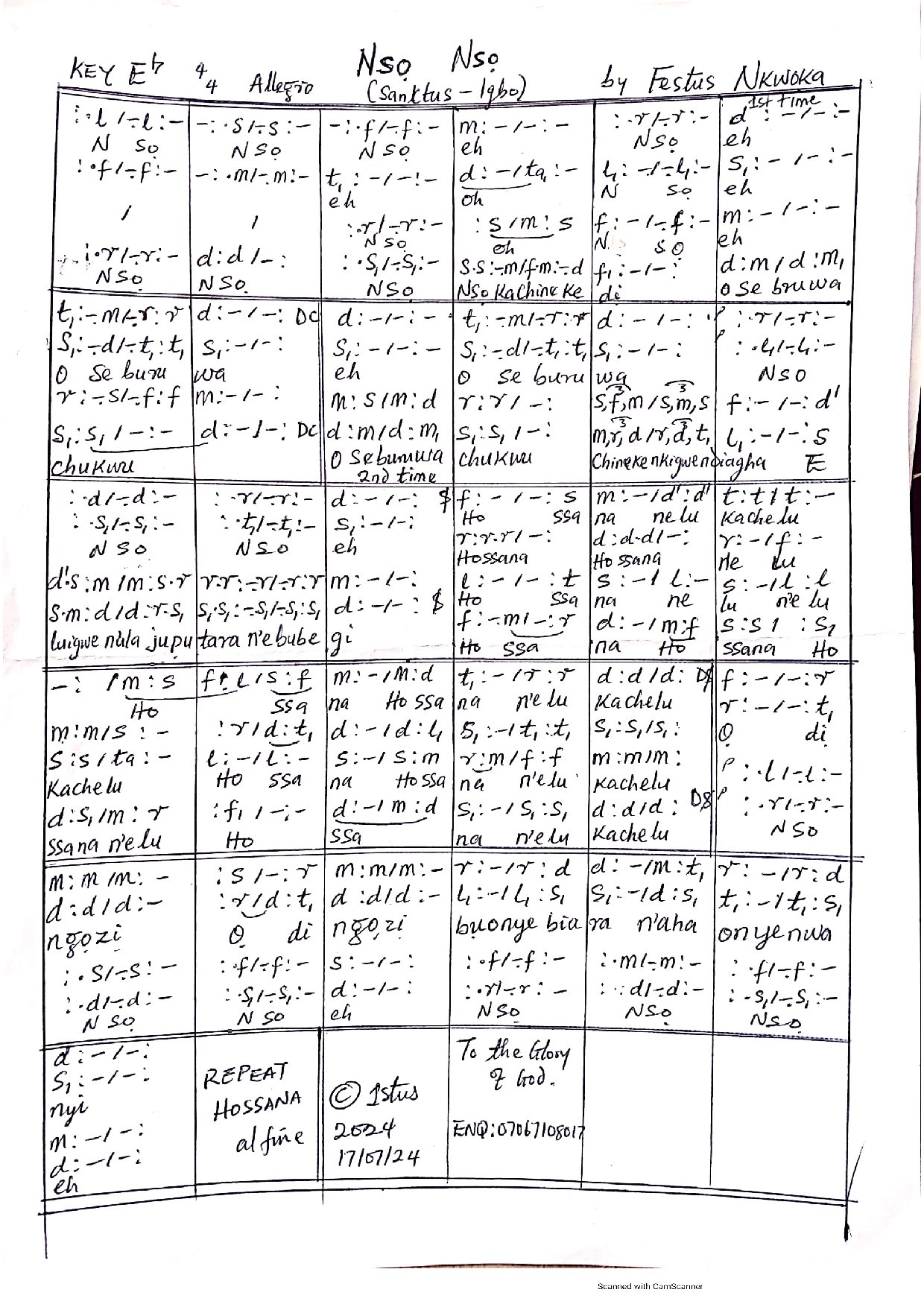 NsỌ (sanctus - Igbo) By Festus Nkwoka - Download Choir Script PDF