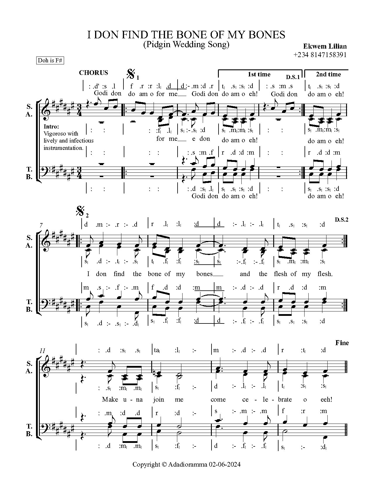 I Don Find The Bone Of My Bones (pidgin Wedding Song) - Ekwem Lilian (adadioramma) - Download Choir Script PDF