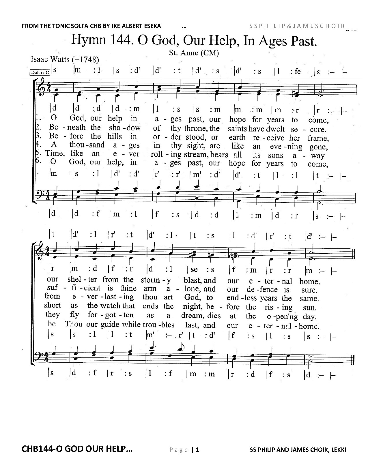 Solfa - Chb144 O God Our Help In Ages Past By Unknown Scr Watts In Eseka - Recessional Dismissal General - English - Download Choir Script PDF