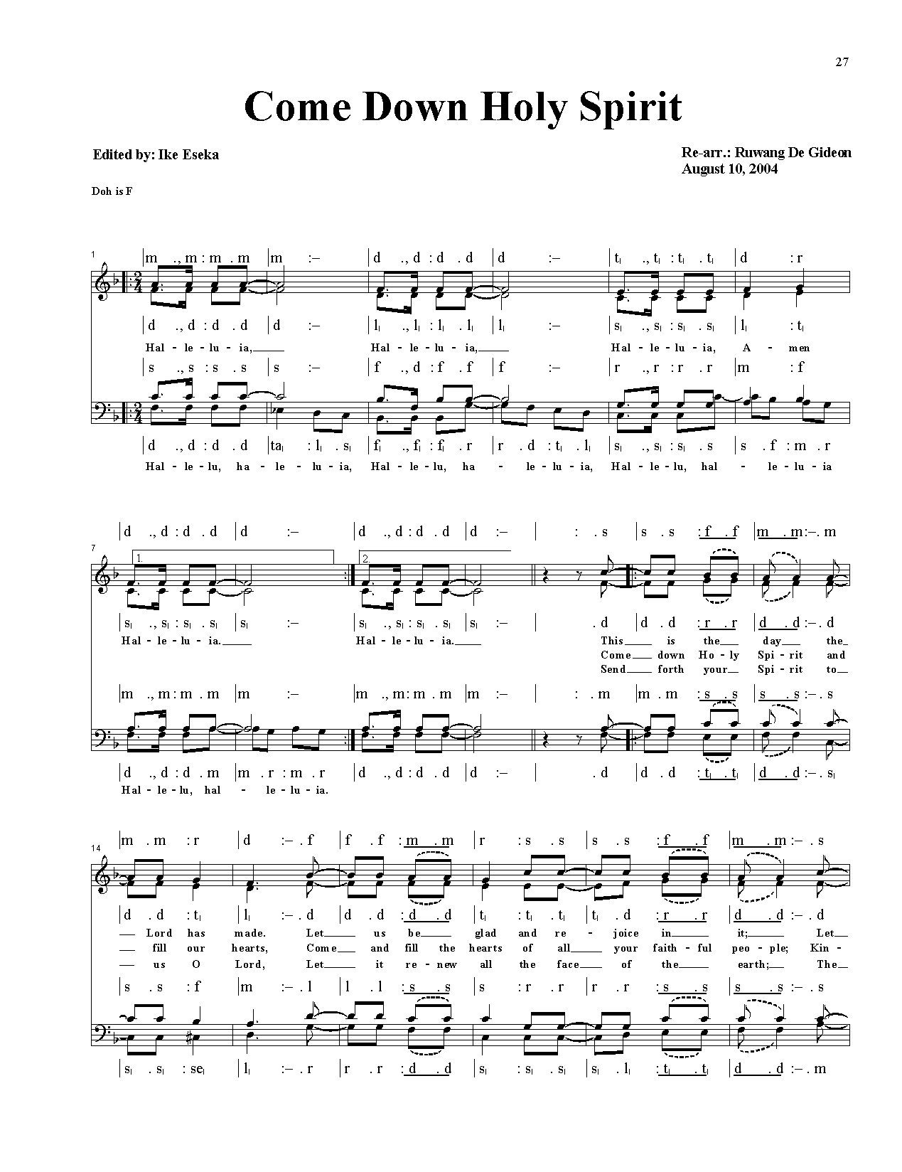 Come Down Holy Spirit 1 - Download Choir Script PDF