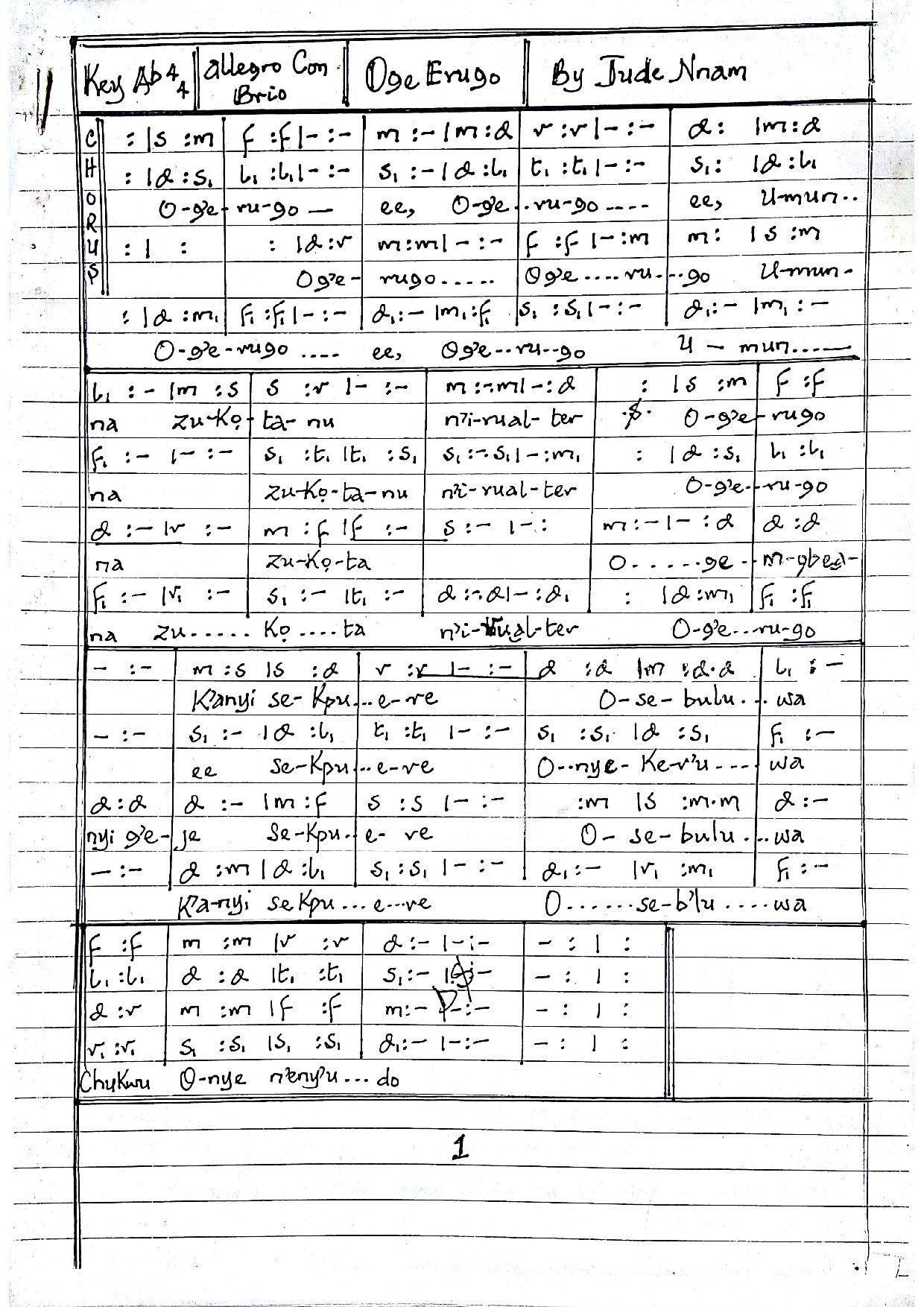 Oge Erugo By Jude Nnam - Download Choir Script PDF