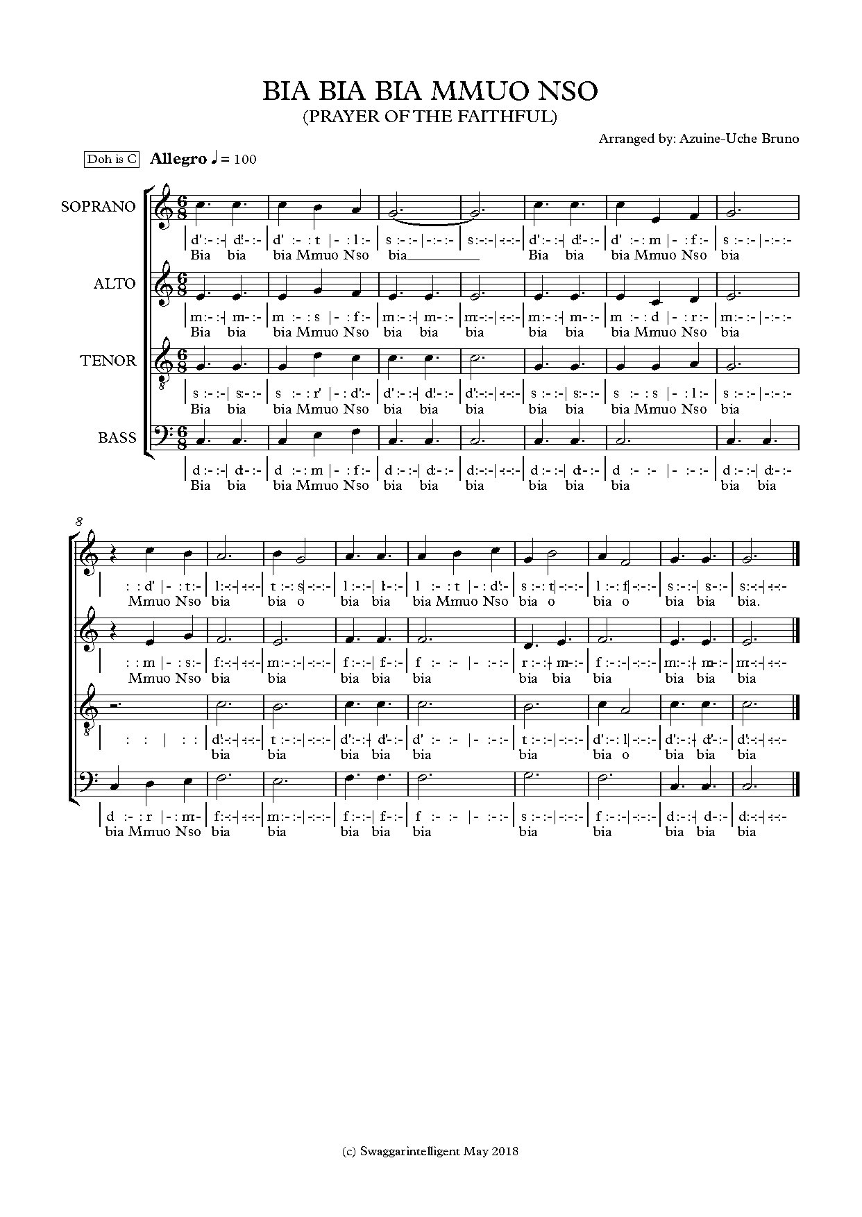 Bia Bia Bia Mmuo Nso - Full Score - Download Choir Script PDF