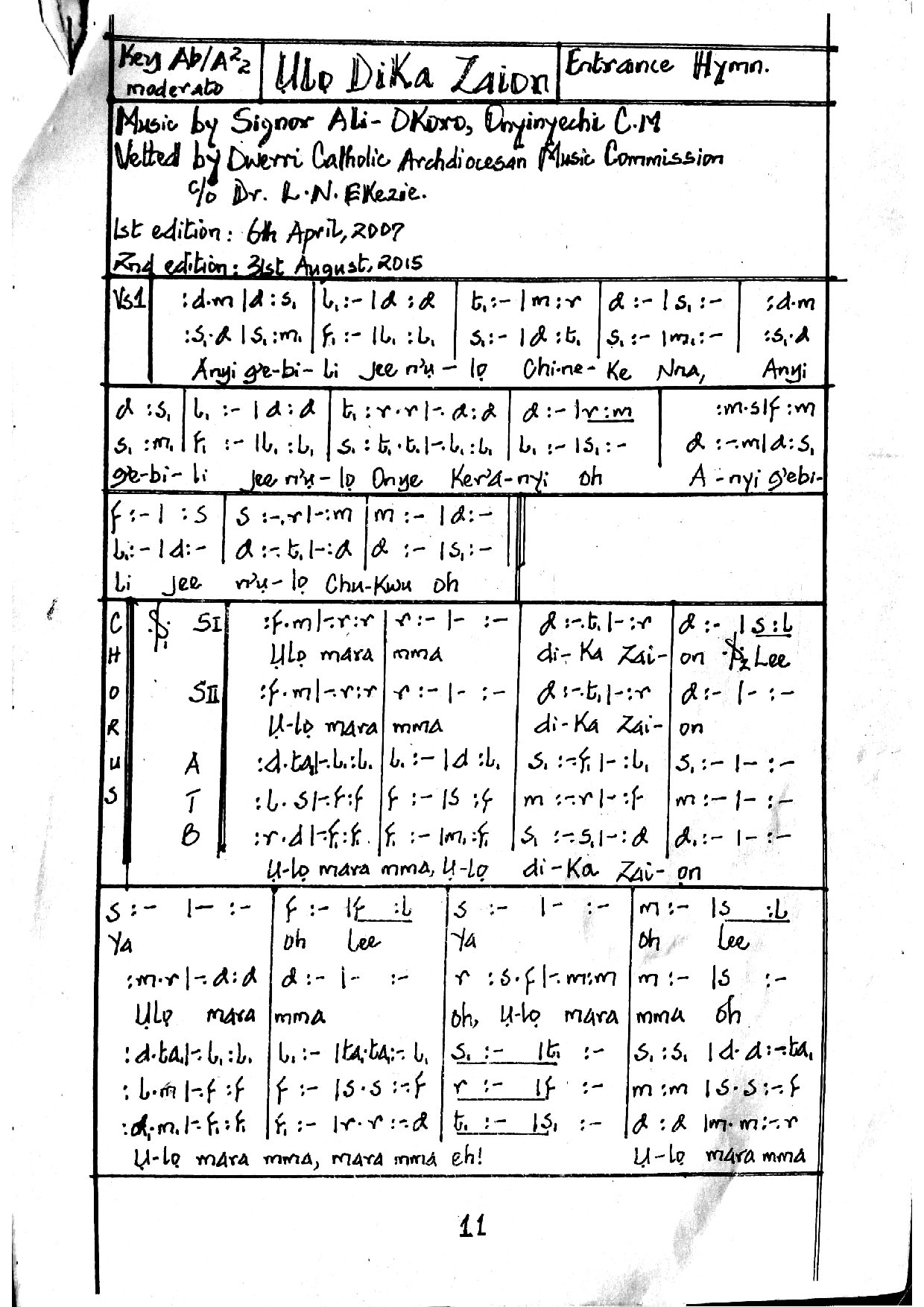 Ụlọ Dịka Zion (entrance) - Download Choir Script PDF