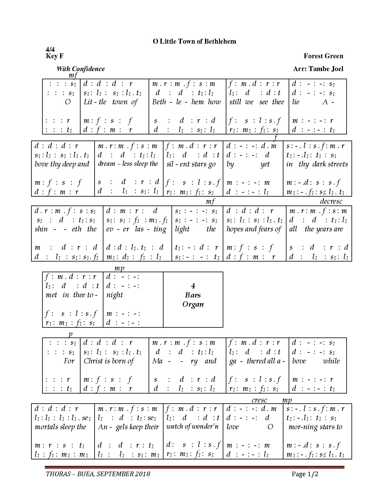 O Little Town Of Bethlehem - Download Choir Script PDF