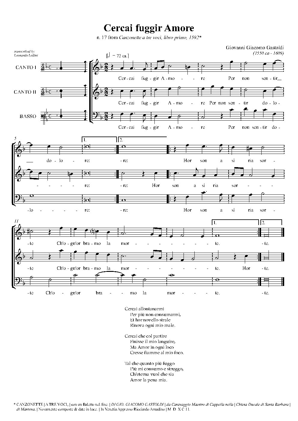 Cercai fuggir Amore - Choir Script PDF Thumbnail