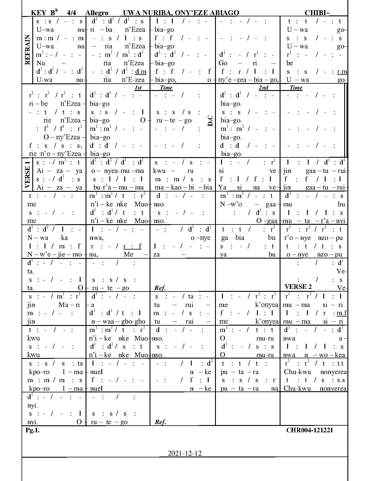 Uwa Nuriba, Ony Eze Abiago By Chibi~ - Download Choir Script PDF