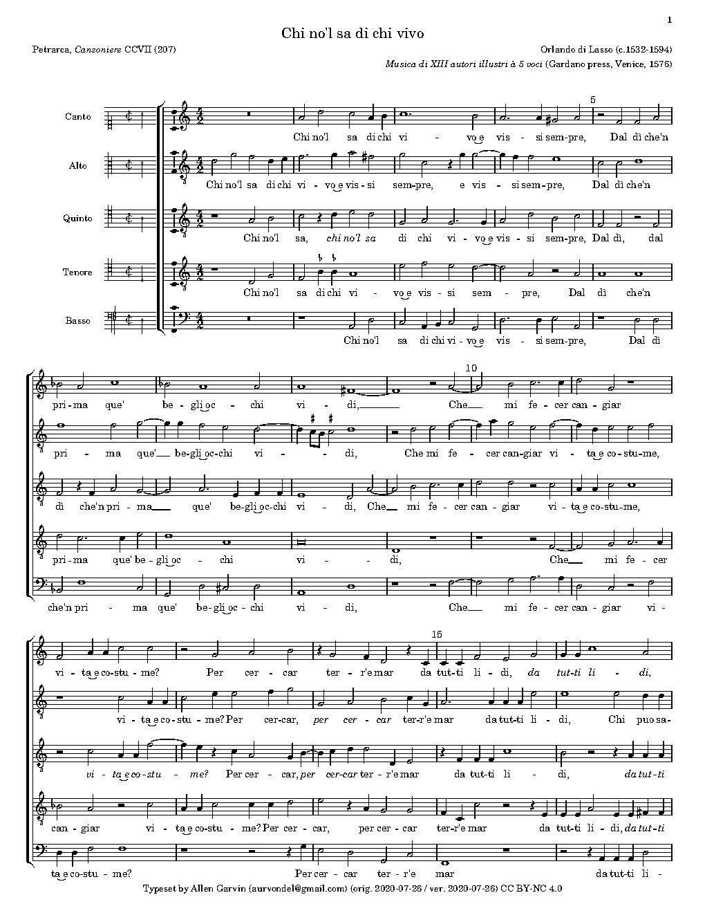 Chi no'l sa di ch'io vivo e vissi sempre - Choir Script PDF Thumbnail