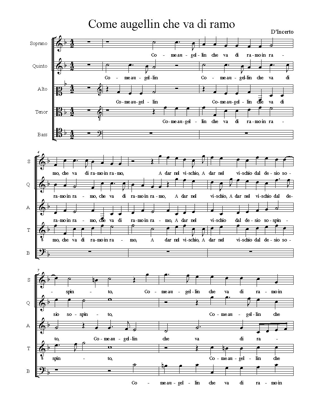 Come augellin che va di ramo - Choir Script PDF Thumbnail