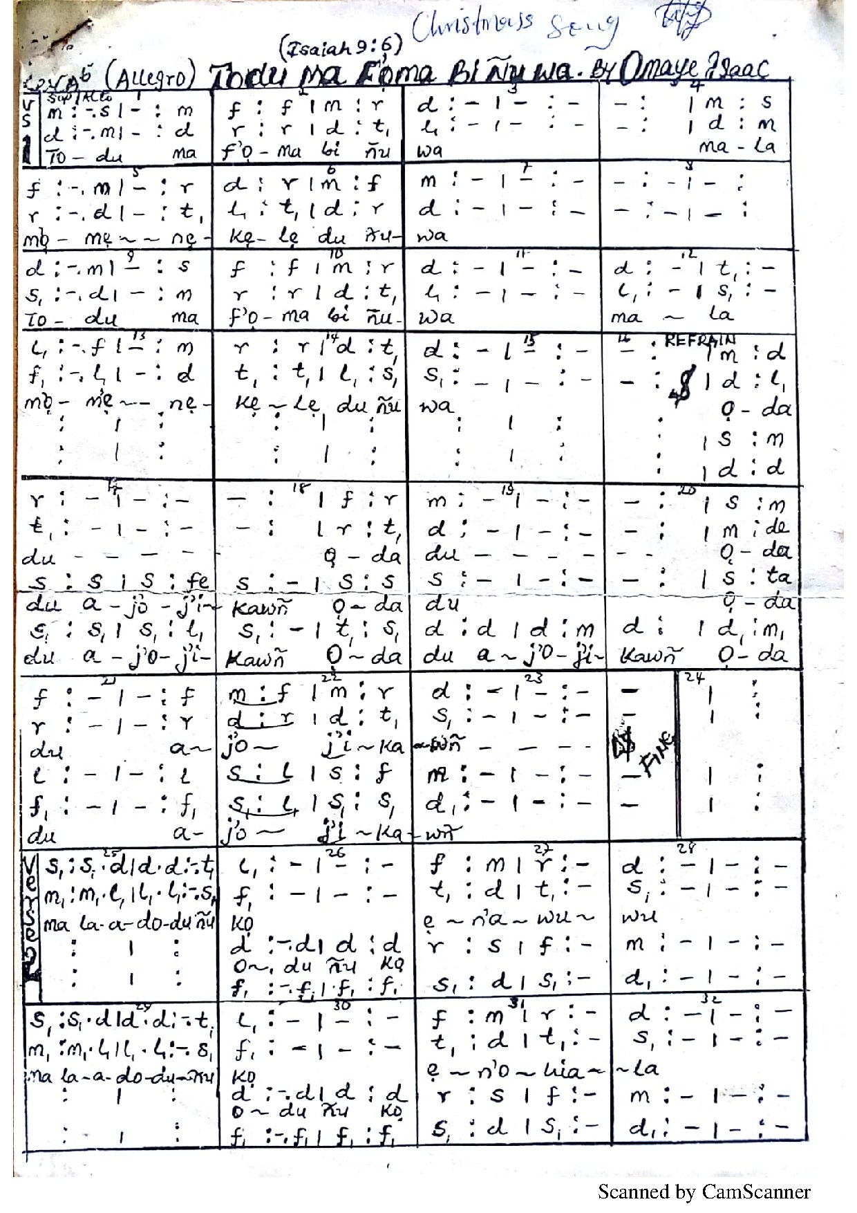 Todu Ma Foma Bi Nu Wa (christmas) ~ Isaac Omaye - Download Choir Script PDF