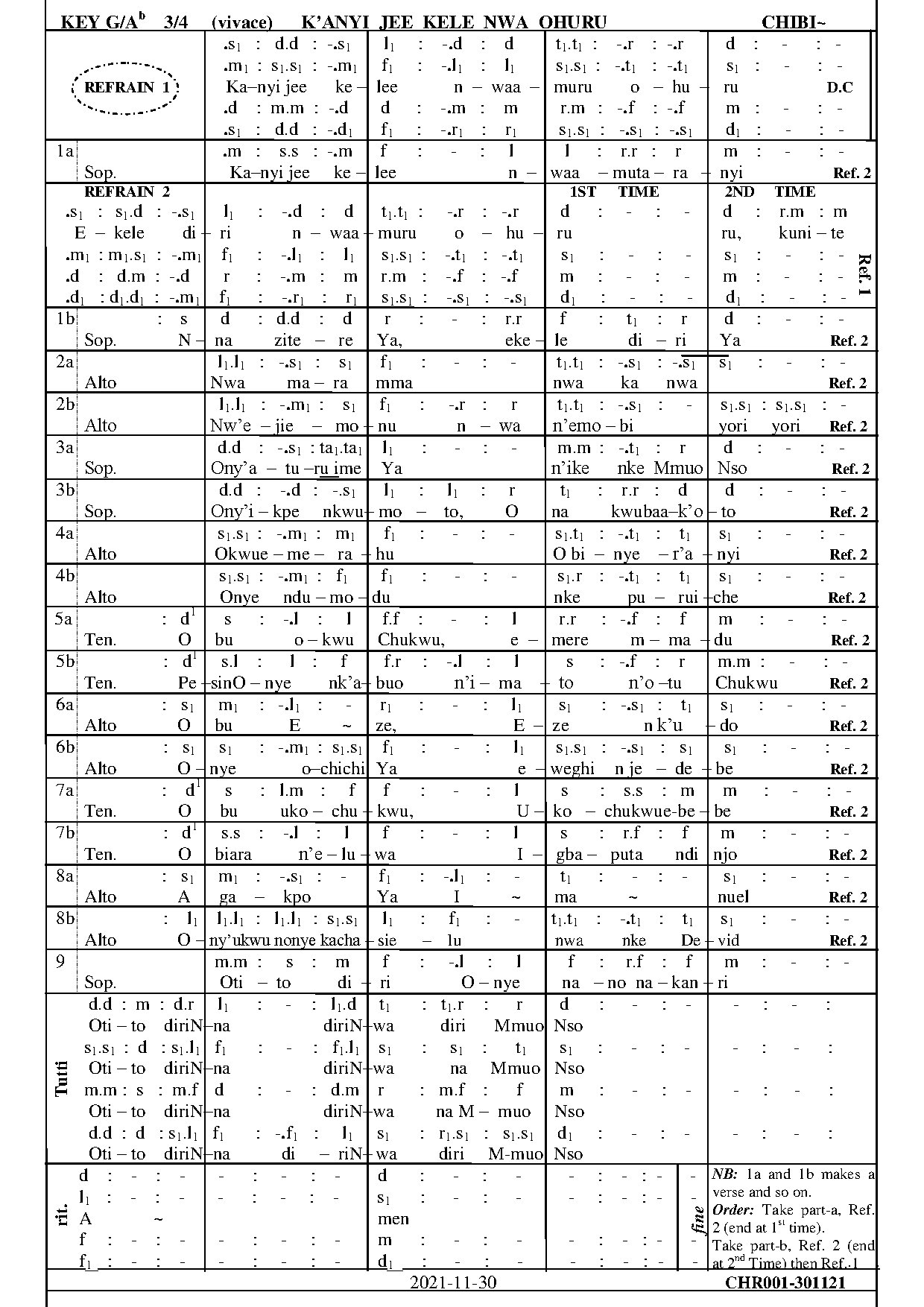 K Anyi Jee Kele Nwa Ohuru By Chibi~ - Download Choir Script PDF
