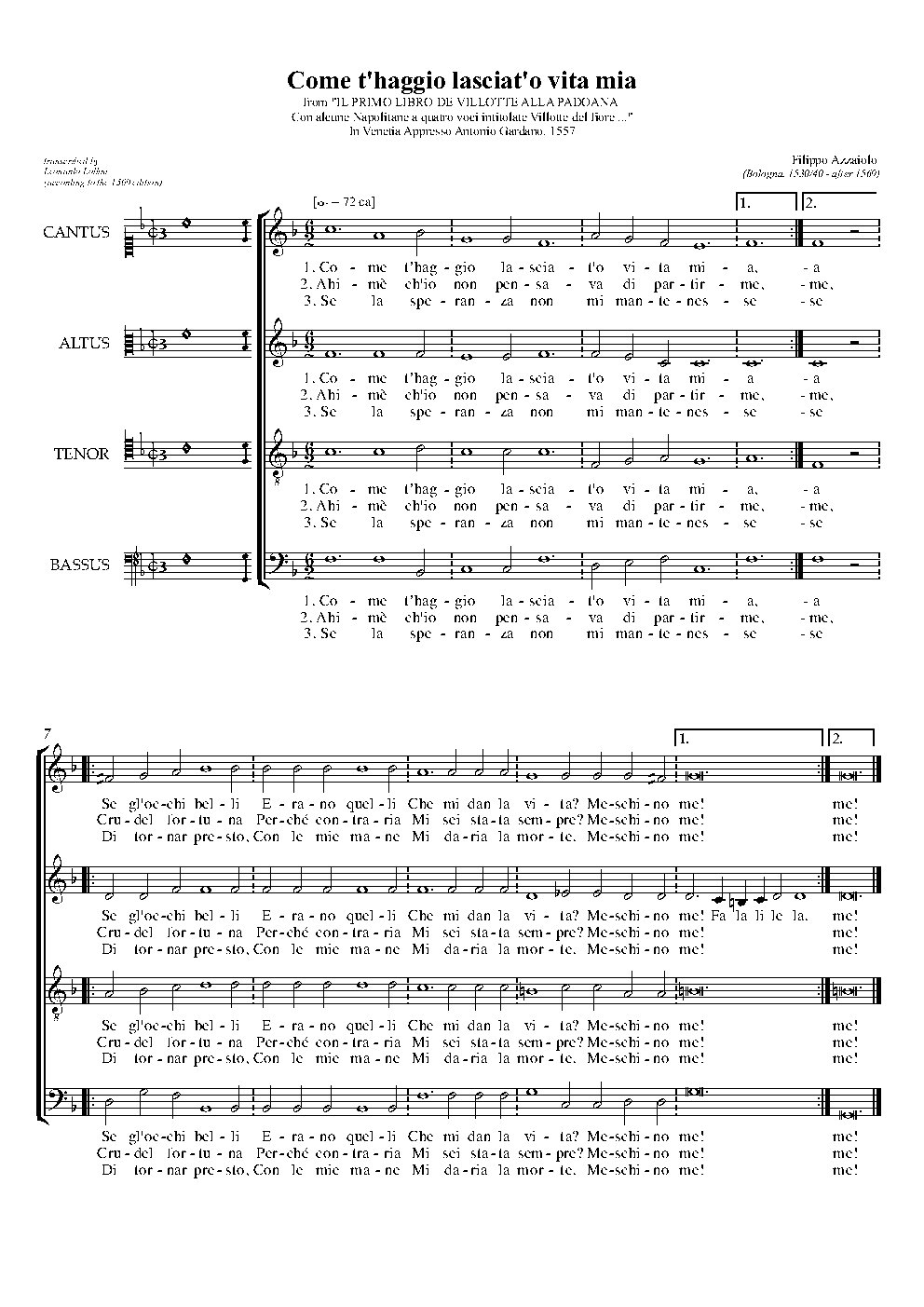 Come t'aggio lasciato, o vita mia - Choir Script PDF Thumbnail