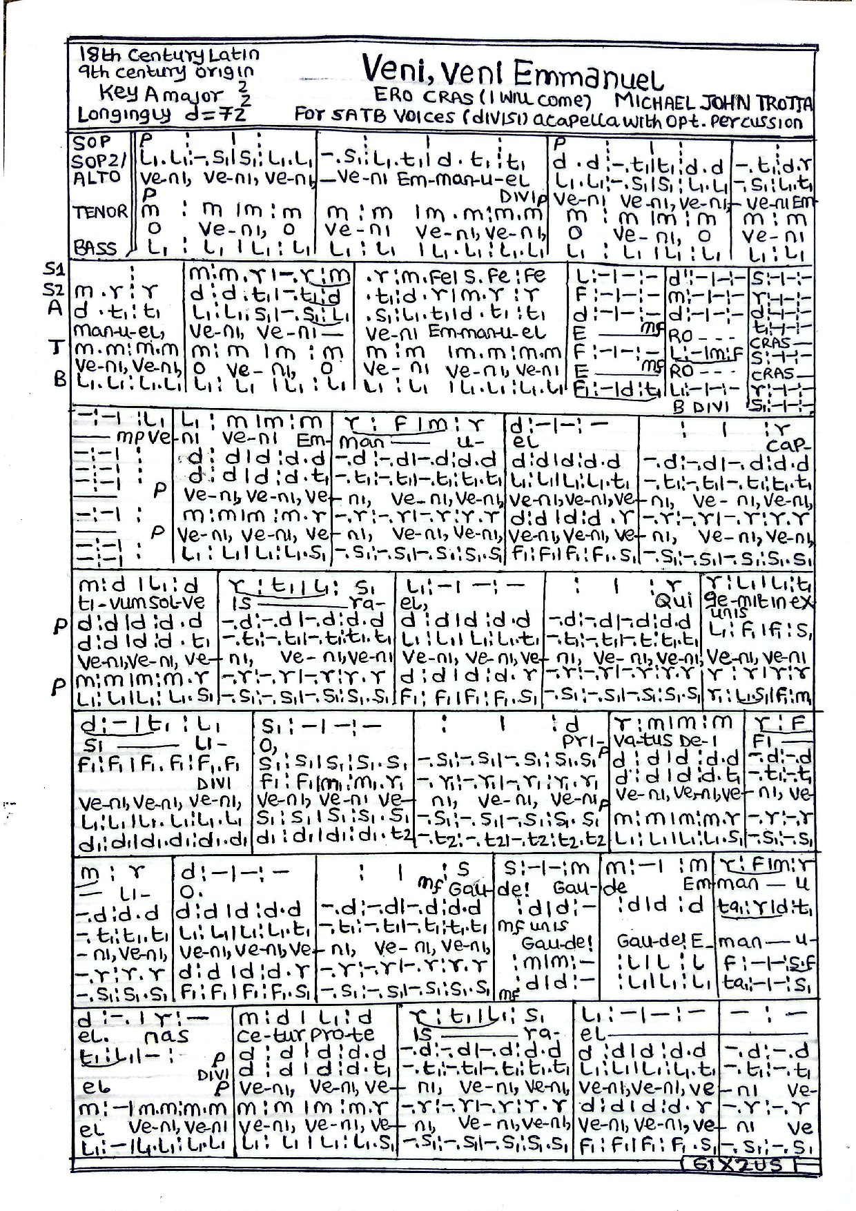 Veni Veni Emmanuel John Michael Trotta - Download Choir Script PDF