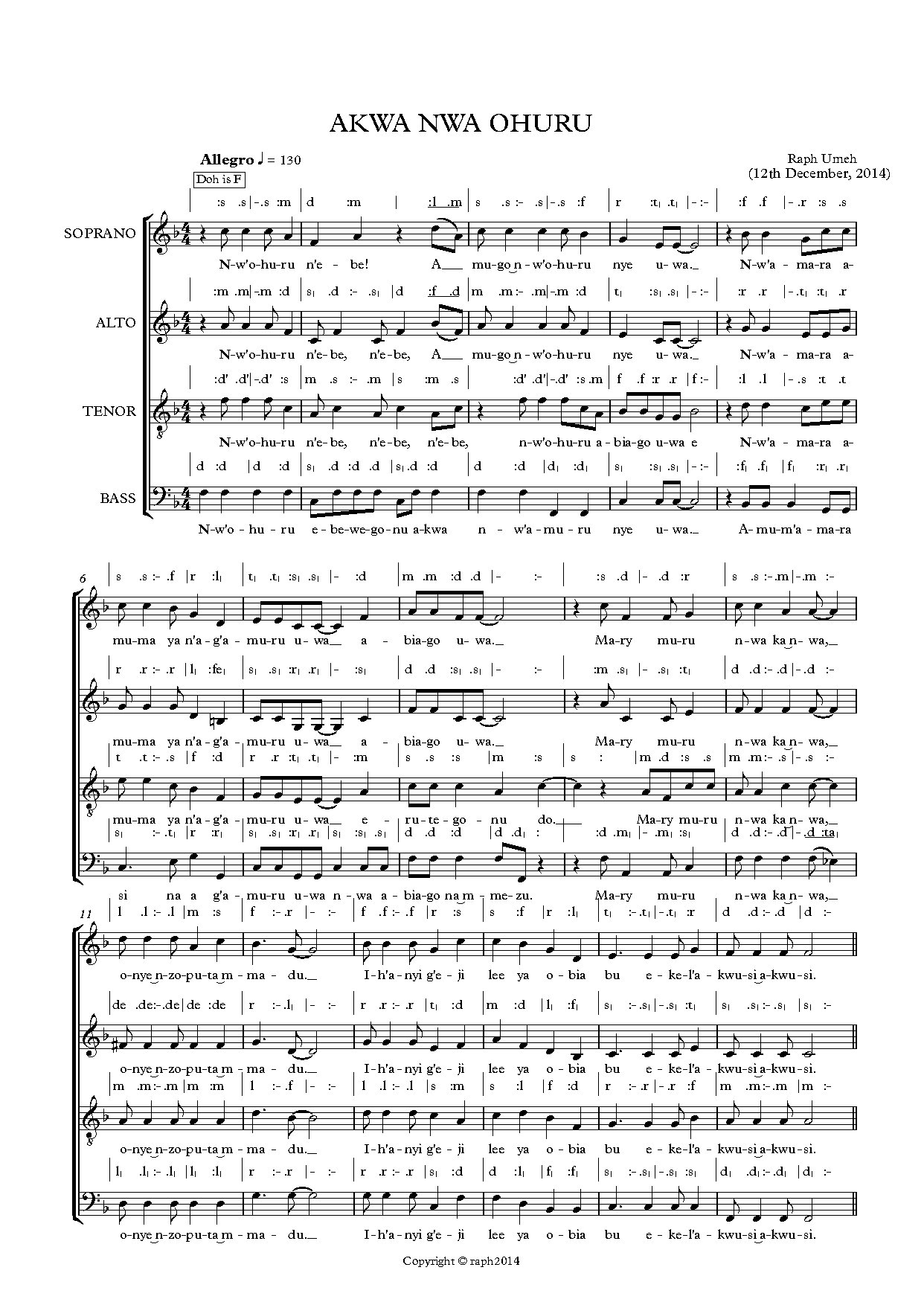 Akwa Nwa Ohuru - Download Choir Script PDF