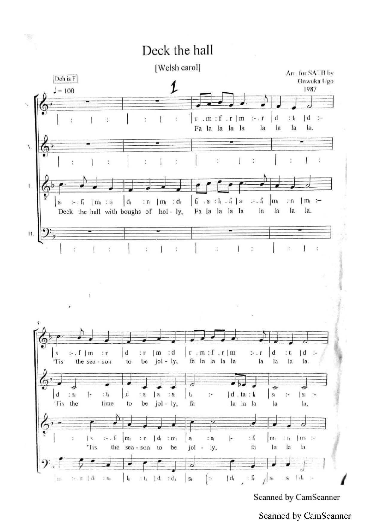 Deck The Hall ~ Aranged By Onwuka Ugo - Download Choir Script PDF