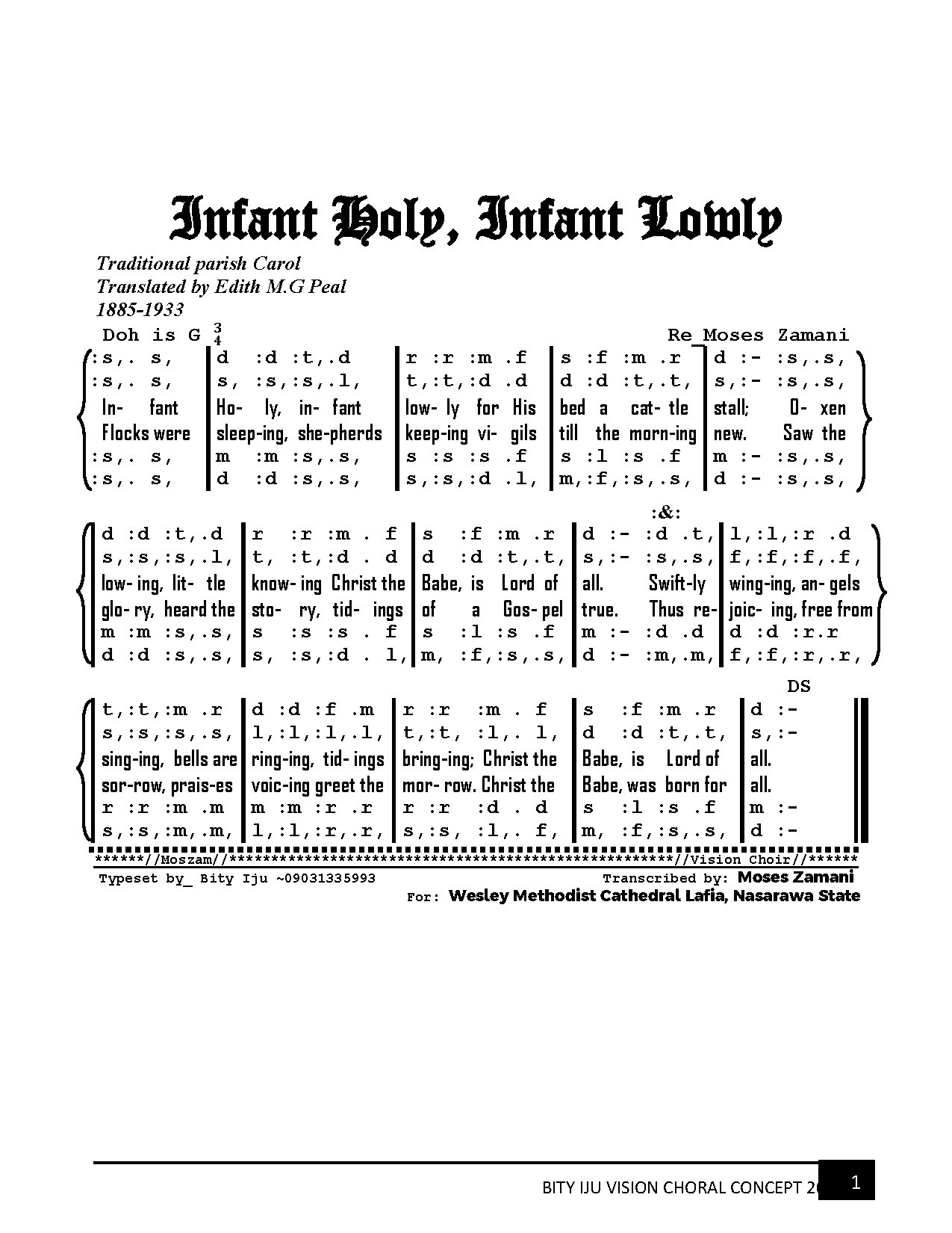 Xmass Infant Holy, Infant Lowly - Moses Zamani - Download Choir Script PDF