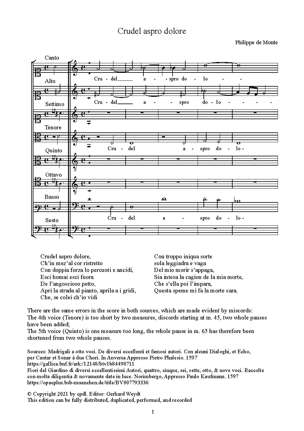 Crudel aspro dolore - Choir Script PDF Thumbnail