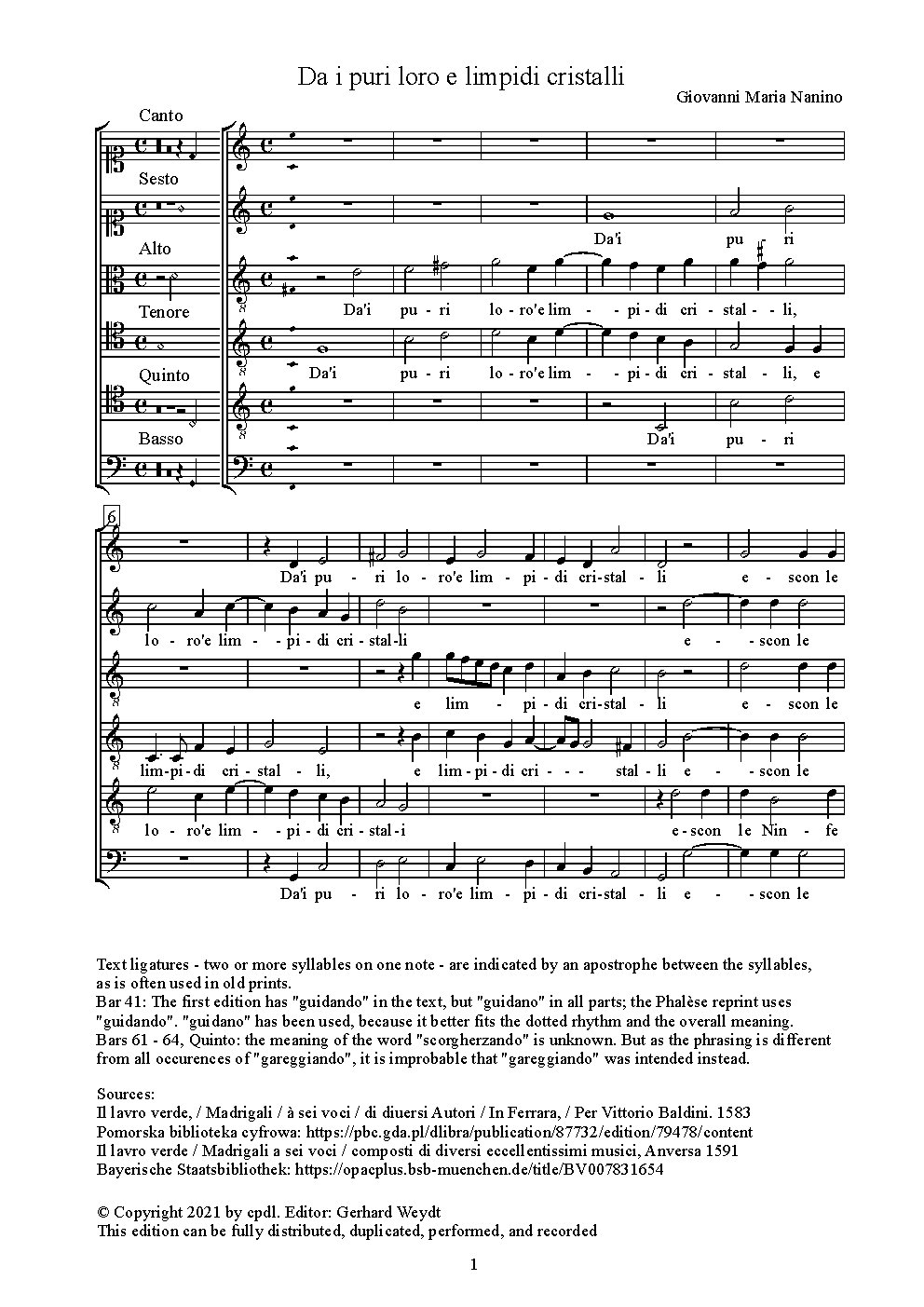 Da i puri loro e limpidi cristalli - Choir Script PDF Thumbnail