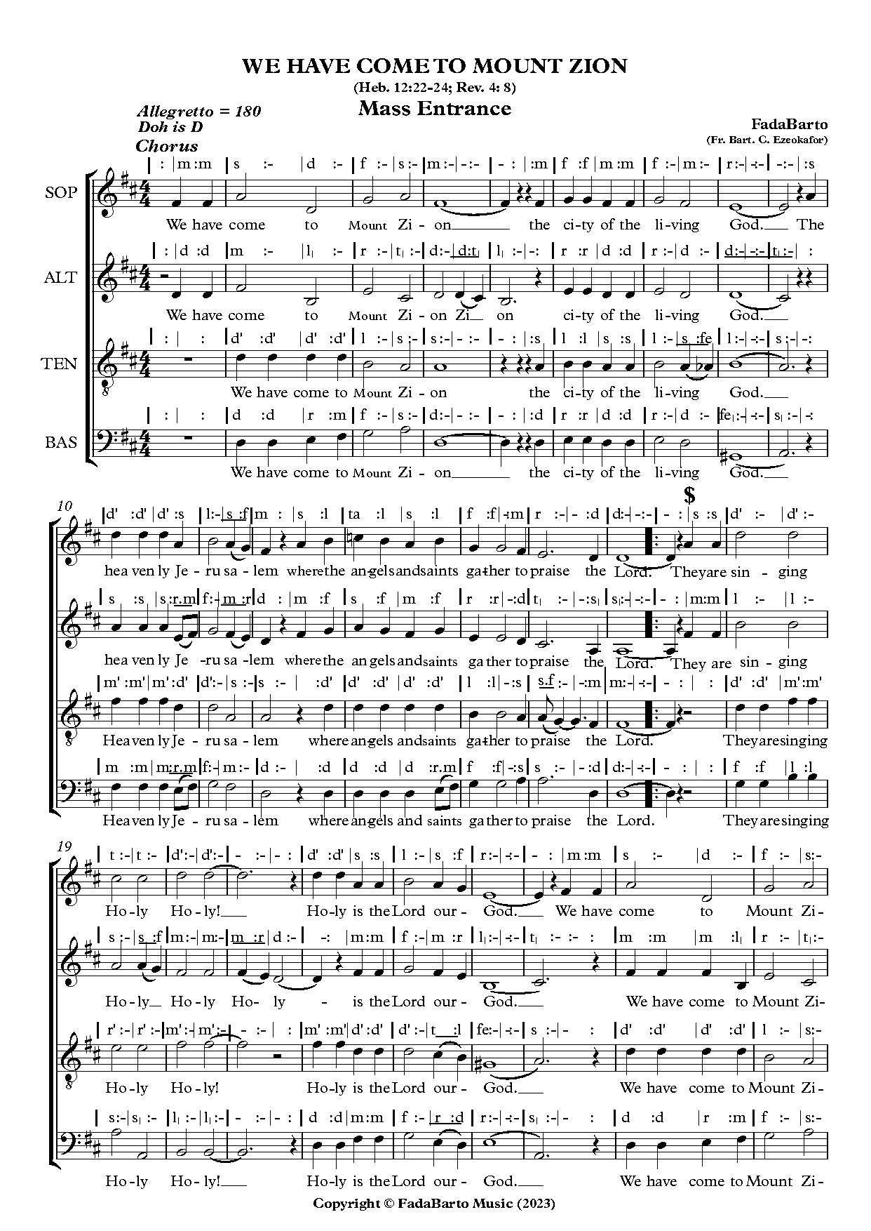 We Have Come To Mount Zion - Fadabarto - Download Choir Script PDF