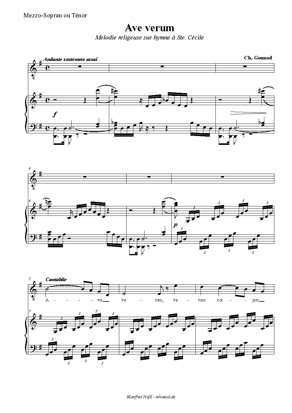 Ave verum, mélodie religieuse sur l'hymne à Sainte Cécile, transcription pour soprano ou ténor, violon, orgue, piano et harpe et contre-basse (ad libitum).
