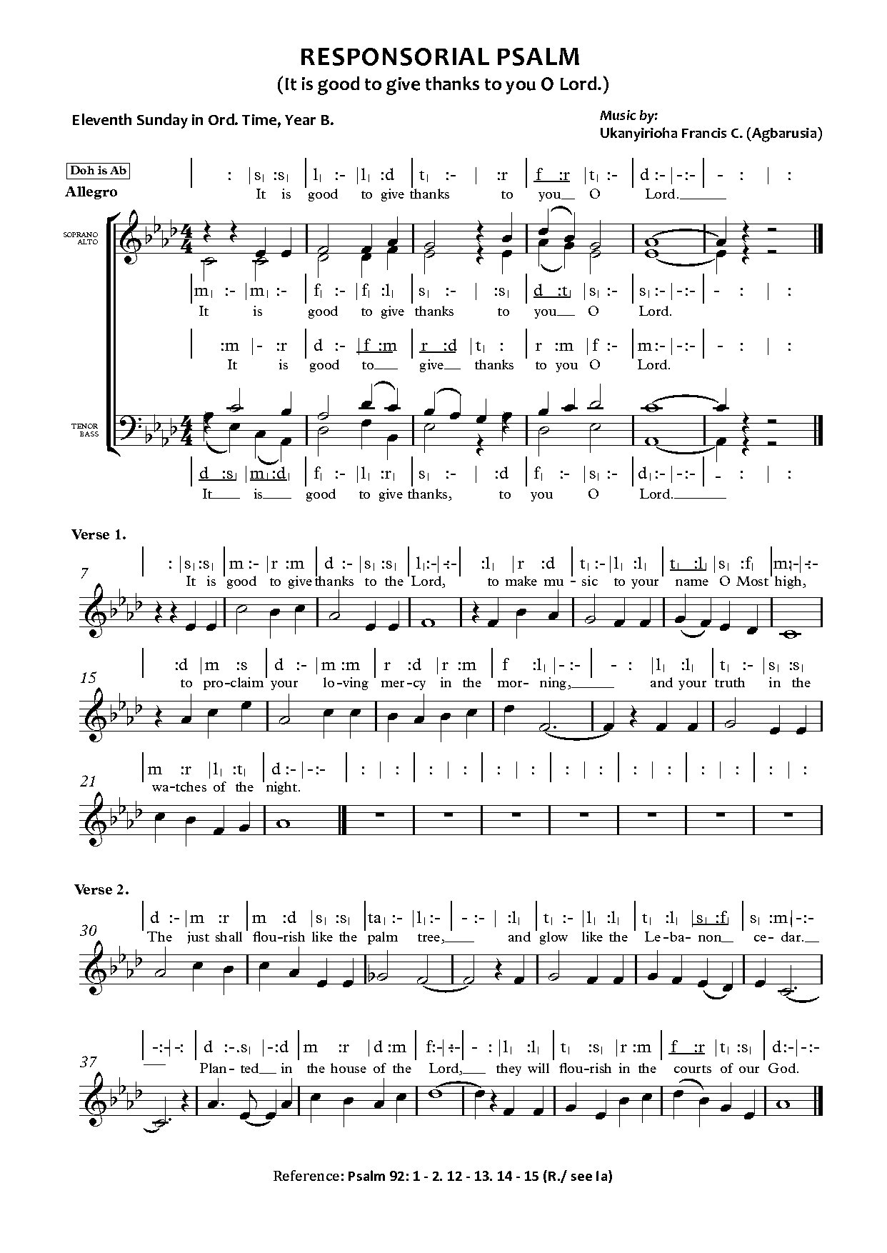 11th Sunday In Ordinary Time, Year B (it Is Good To Give Thanks To You, O Lord) - Full Score
