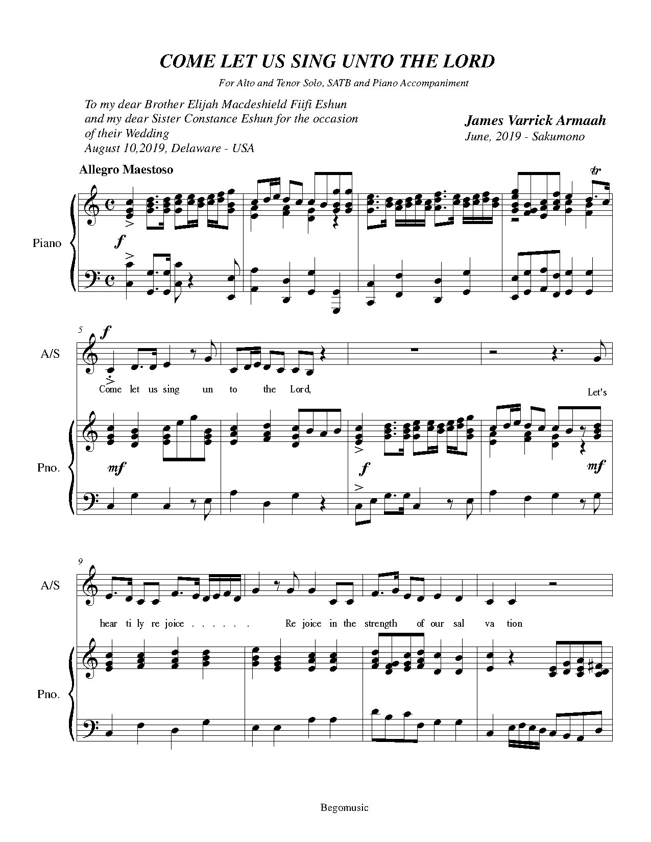 Come Let Us Sing Unto The Lord - Download Choir Script PDF