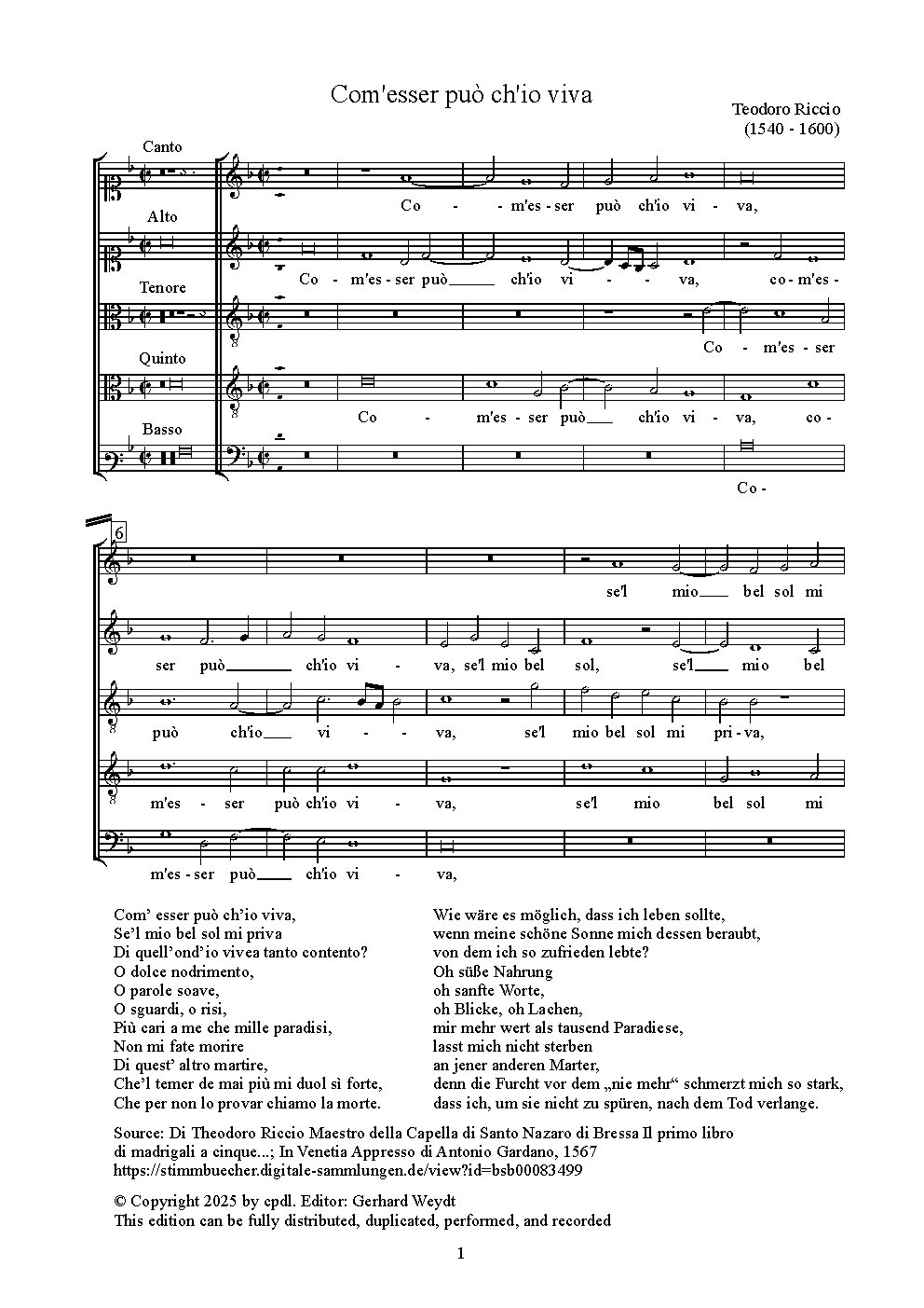 Com'esser può ch'io viva - Choir Script PDF Thumbnail