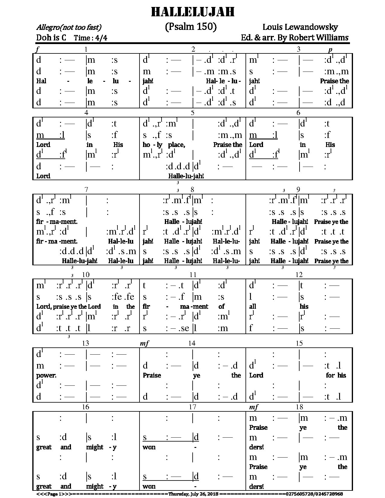 Hallelujah (psalm 150) Louis Lewandowsky, Arr. By Robert Williams