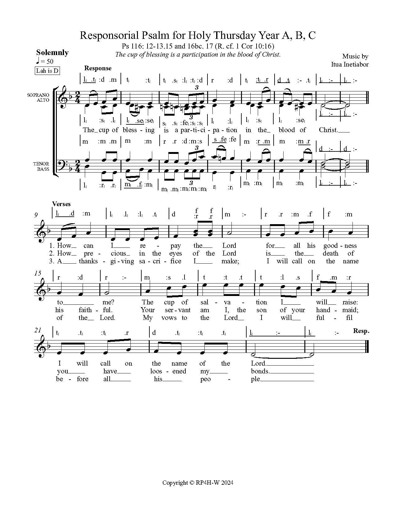 Responsorial Psalm For Holy Thursday Year A, B, C - The Cup Of Blessing Is A Participation In The Blood Of Christ - Itua Inetiabor