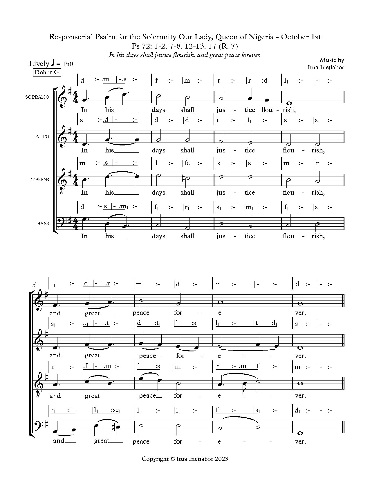 Responsorial Psalm For The Solemnity Of Our Lady, Queen Of Nigeria (october 1st) - In His Days Shall Justice Flourish, And Great Peace Forever By Itua Inetiabor