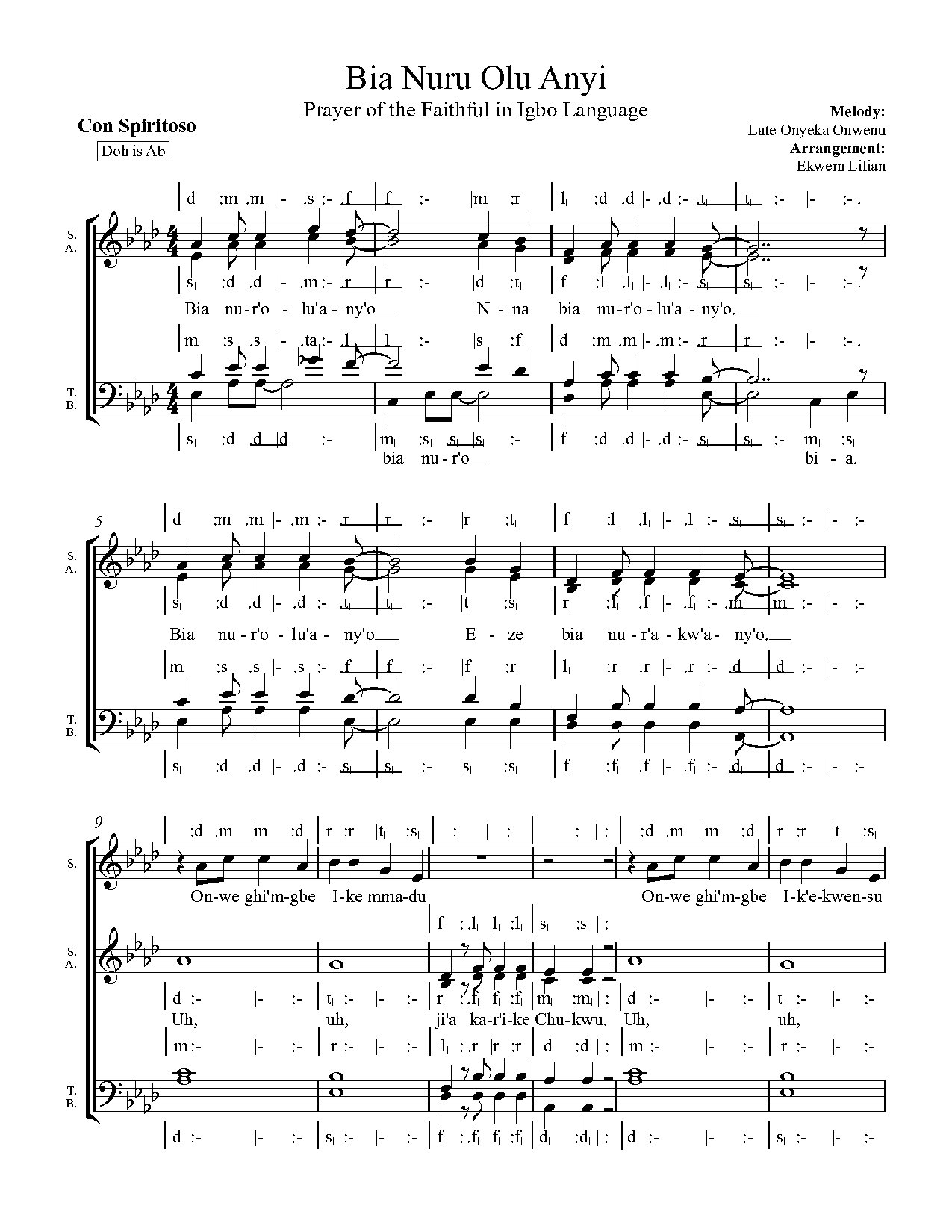 Bia Nuru Olu Anyi (p.o.f) Arr. By Ekwem Lilian