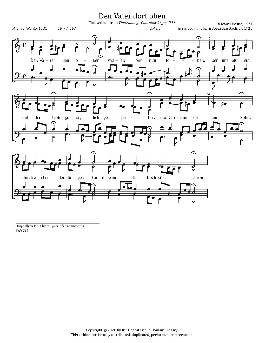 Den Vater dort oben, BWV 292 - Choir Script PDF Thumbnail