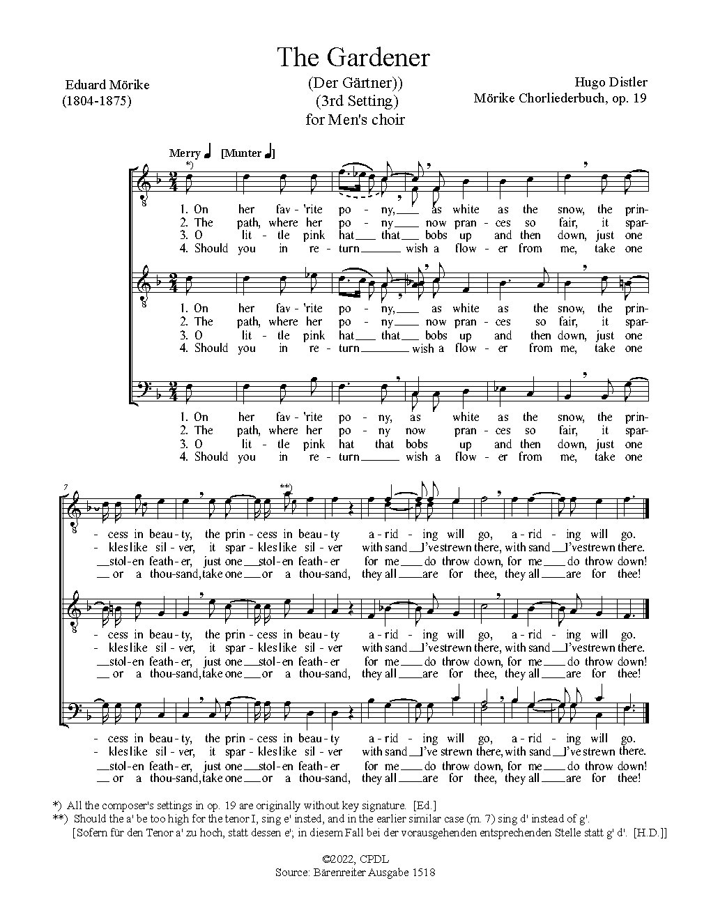 Der Gärtner (3. Fassung) - Choir Script PDF Thumbnail