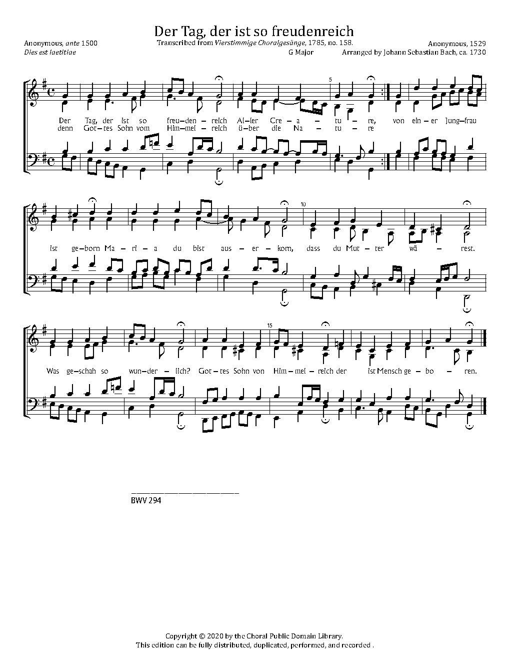 Der Tag, der ist so freudenreich, BWV 294